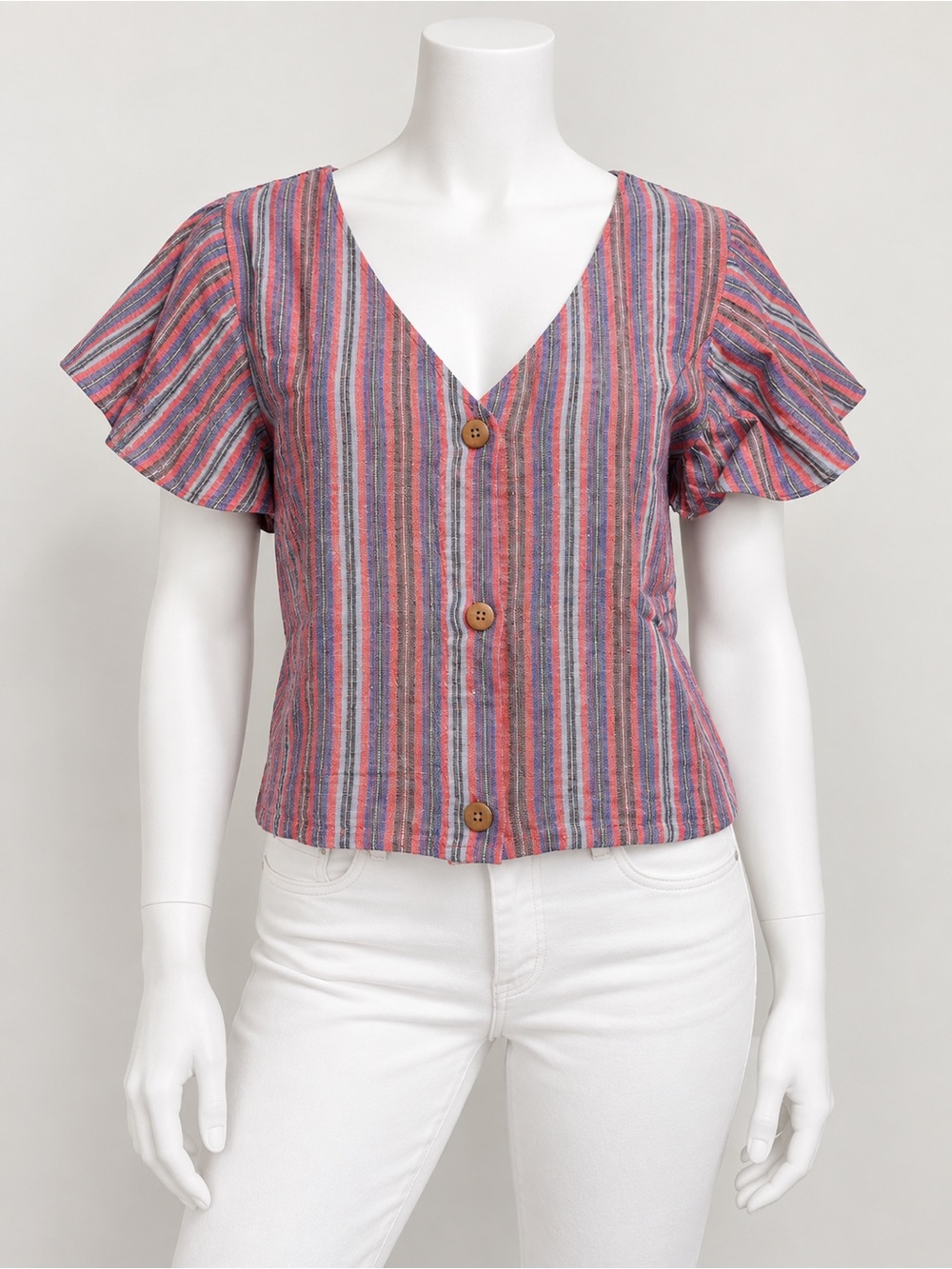 Vanilla Star Junior's Red Multi Striped Button Front Flutter Sleeve Top Size L